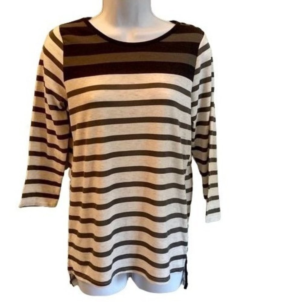 Poof! Long Sleeve Top Grey and White Stripes  and Button Accent Size Medium